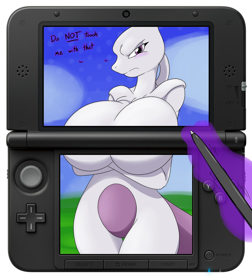 angelthecatgirl annoyed big_breasts blush breasts censored crossed_arms english_text female gaming huge_breasts legendary_pok&#233;mon looking_at_viewer mewtwo nintendo nintendo_ds pok&#233;mon pok&eacute;mon pokemon_amie purple_eyes solo text video_games