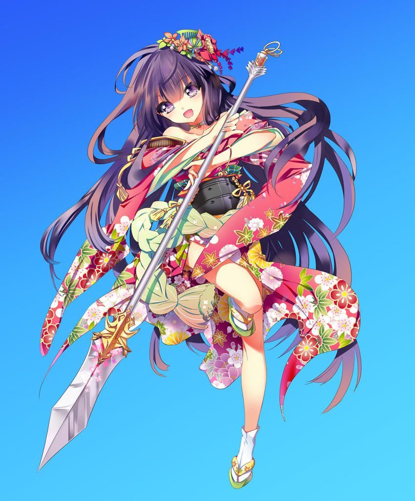 :d blue_background cu-rim floral_print hair_ornament highres japanese_clothes kimono legs long_hair looking_at_viewer open_mouth original polearm purple_eyes purple_hair simple_background smile solo spear weapon