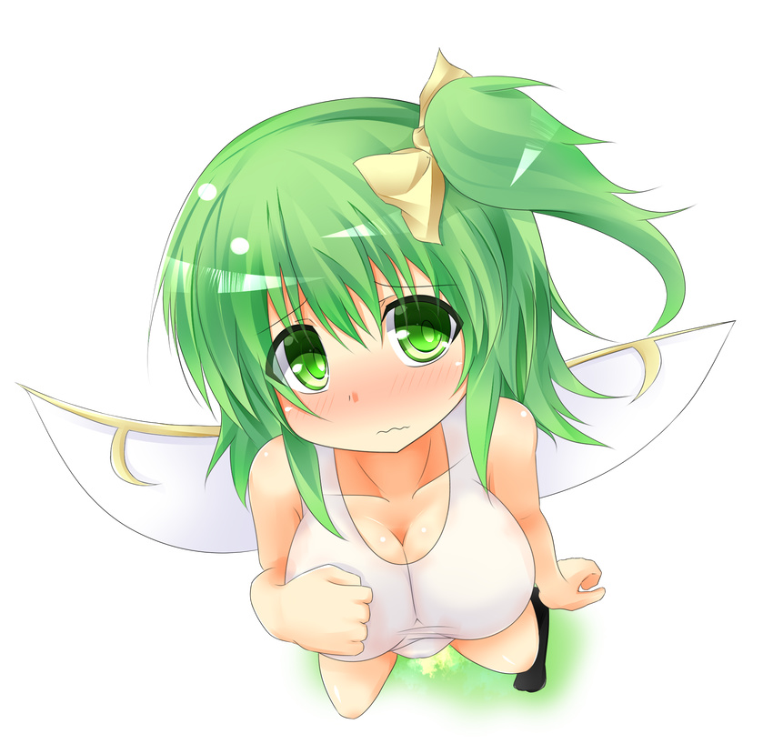 blush breasts cleavage daiyousei green_eyes green_hair highres large_breasts one-piece_swimsuit side_ponytail solo swimsuit touhou transparent_background us2s wings