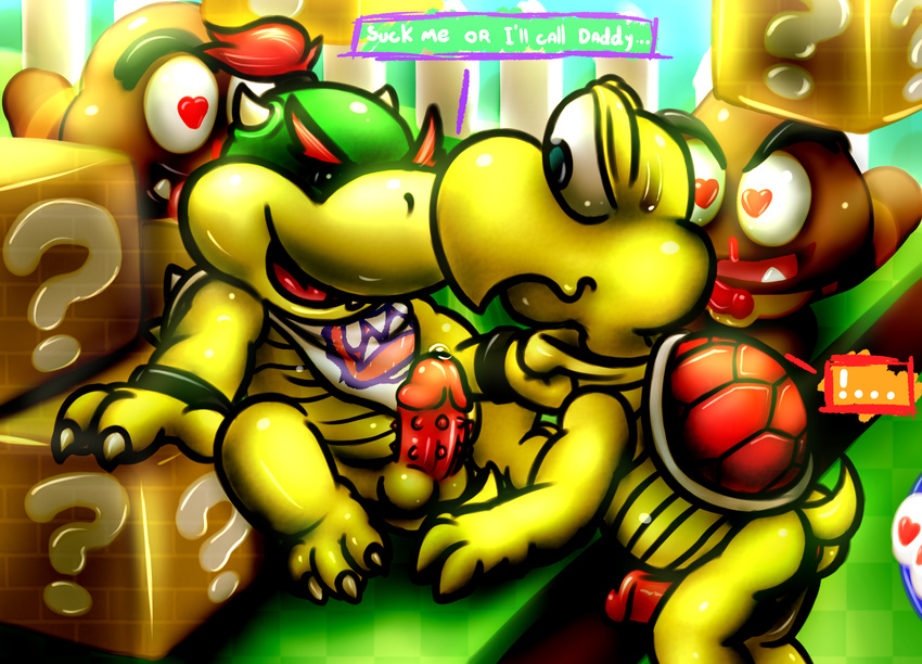 &gt;:d &lt;3 ... 3_toes :d ? absurd_res ascot bald balls barefoot big big_nose black_eyes block blood blue_eyes bowser_jr. brown_fur brown_skin butt chubby claws cum cute dialog dragon english_text erection fur gay goomba grasp hair happy hi_res horn japanese knot koopa koopa_troopa light lizard male mario_bros nintendo nosebleed nude outside penis precum puggy red_eyes red_hair red_penis red_skin reptile scalie shadow sharp_teeth shell shiny short_hair size_difference skin smile stare sunlight super_mario_3d_land sweat tanuki teeth text tongue turtle video_games white_eyes yellow_skin young