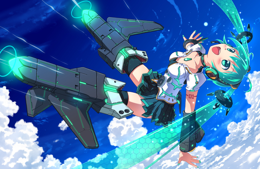 aki_(akisora_hiyori) choker cloud detached_sleeves flying green_eyes green_hair hatsune_miku highres long_hair mecha_musume nail_polish open_mouth outstretched_arms parody skirt sky solo spread_arms striker_unit thighhighs twintails very_long_hair vocaloid world_witches_series