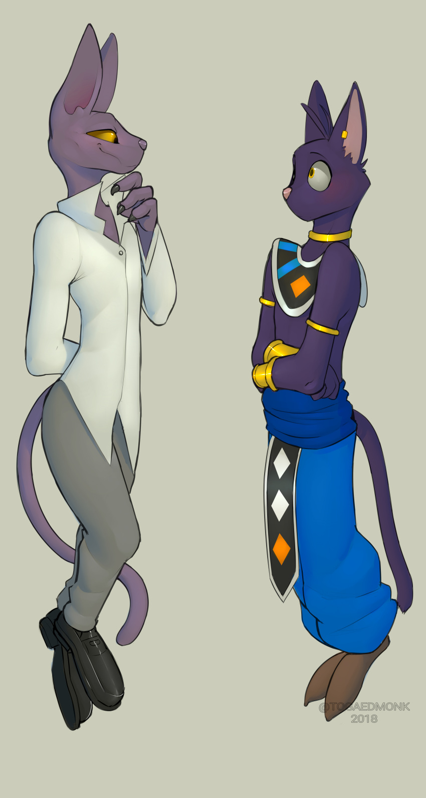 2018 absurd_res anthro beerus biped clothed clothes_swap clothing crossover digital_media_(artwork) dragon_ball dragon_ball_super duo eye_contact feline floating footwear fully_clothed hi_res male mammal morenatsu pants shin_(morenatsu) shirt shoes simple_background smile togaed