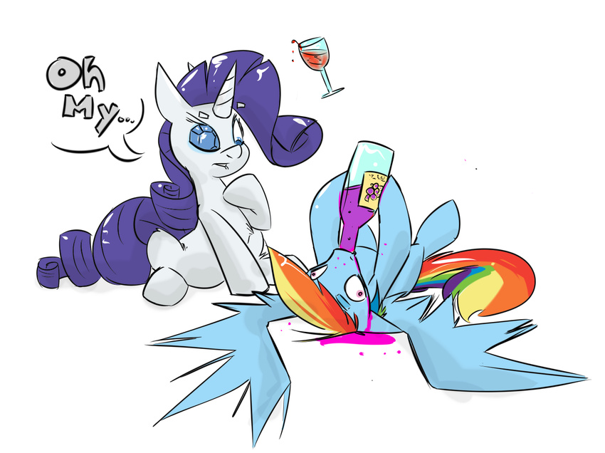 alcohol beverage blue_eyes blue_fur drink duo english_text equine female feral friendship_is_magic frumplechuck fur gem glass hair horn horse looking_at_viewer lying mammal multi-colored_hair my_little_pony on_back open_mouth pegasus plain_background pony puddle purple_eyes purple_hair rainbow_dash_(mlp) rainbow_hair rarity_(mlp) sitting teeth text unicorn white_background white_fur wine wine_bottle wine_glass wings