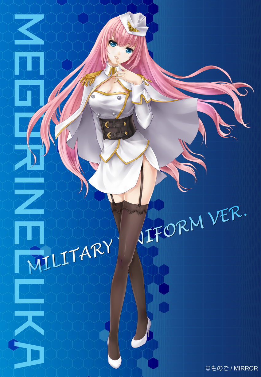 absurdres black_legwear blue_eyes breasts character_name cleavage finger_to_mouth garter_straps hat highres long_hair medium_breasts megurine_luka military military_uniform monogo pink_hair solo thighhighs uniform vocaloid white_hat