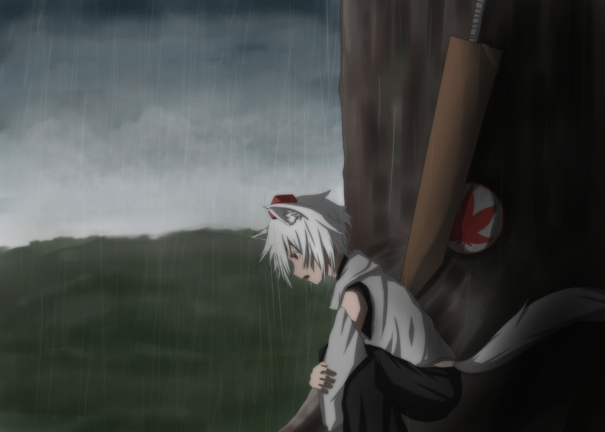 animal_ears bad_id bad_pixiv_id cloud cloudy_sky detached_sleeves forest hat highres houtinti inubashiri_momiji looking_down nature open_mouth outdoors profile rain red_eyes sheath sheathed shield short_hair skirt sky solo squatting sword tail tokin_hat touhou weapon white_hair wolf_ears wolf_tail