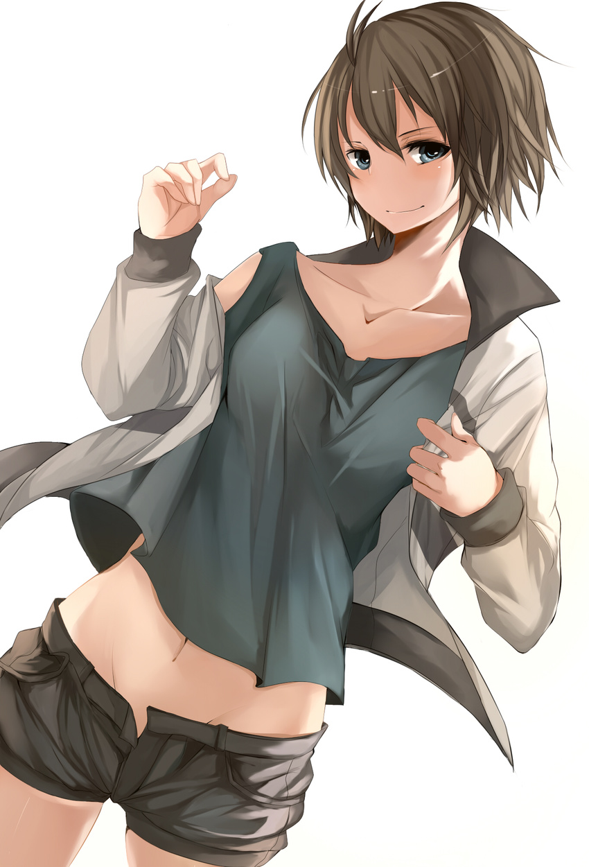 antenna_hair bad_anatomy bad_id bad_pixiv_id blue_eyes brown_hair collarbone cowboy_shot dutch_angle groin highres idolmaster idolmaster_(classic) jacket kikuchi_makoto looking_at_viewer midriff mouri0131 navel short_hair shorts simple_background smile solo tank_top track_jacket unbuttoned white_background