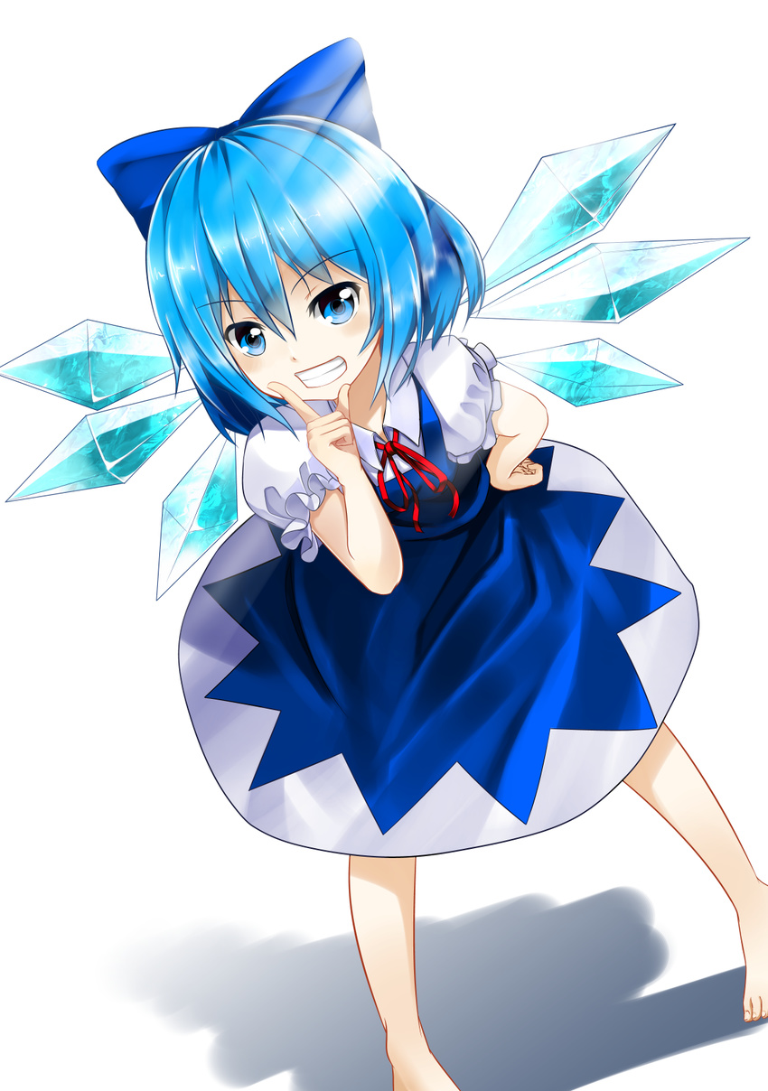 barefoot blue_eyes blue_hair bow cirno dress hair_bow hand_on_hip highres leaning_forward looking_at_viewer lzi_th open_mouth ribbon short_hair simple_background smile solo touhou wings