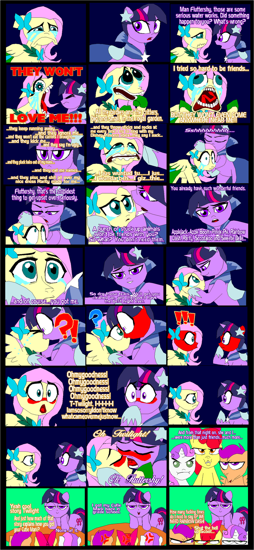 apple_bloom_(mlp) blue_eyes blush crying cutie_mark cutie_mark_crusaders_(mlp) equine eyes female feral fluttershy_(mlp) friendship_is_magic fur green_eyes hair horn horse kissing lesbian male mammal my_little_pony orange_eyes orange_fur pegasus pink_hair pony purple_hair scootaloo_(mlp) sweetie_belle_(mlp) table tears text twilight_sparkle_(mlp) tyrranux unicorn white_fur wings yellow_fur