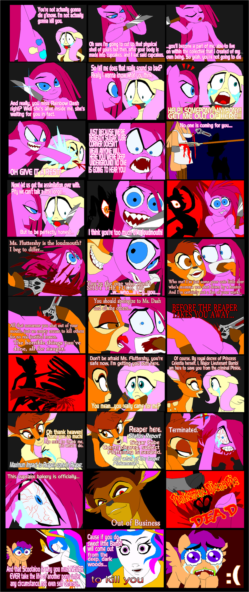 angry bambi blood blue_eyes comic crying cutie_mark dialog disney english_text equine eyes female feral fluttershy_(mlp) friendship_is_magic fur gag hair horn horse knife licking mammal multi-colored_hair my_little_pony pegasus pink_fur pink_hair pinkamena_(mlp) pinkie_pie_(mlp) pitchfork pony princess princess_celestia_(mlp) punch purple_eyes purple_hair royalty scootaloo_(mlp) tears text tongue tyrranux weapon winged_unicorn wings yellow_fur