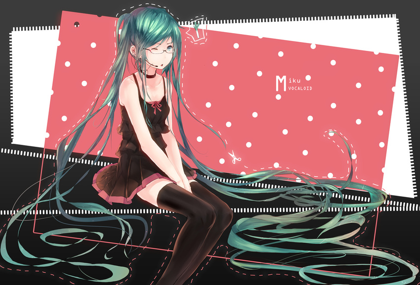 bad_id bad_pixiv_id bespectacled character_name choker dress earbuds earphones glasses green_eyes green_hair hadean92 hatsune_miku headset long_hair one_eye_closed sitting solo spring_onion thighhighs twintails very_long_hair vocaloid