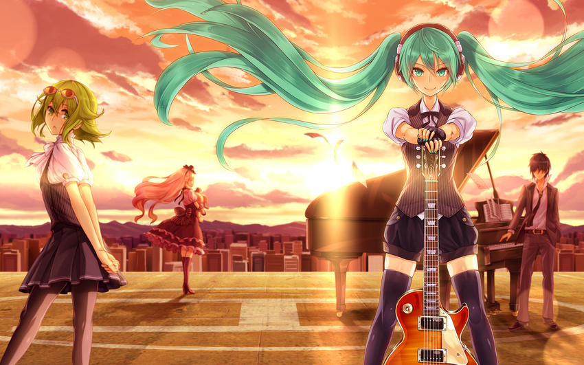 2d 3girls album_cover belt cloud cover dress fingerless_gloves gloves green_eyes green_hair guitar gumi hatsune_miku headphones highres instrument kneehighs les_paul long_hair mayu_(vocaloid) multiple_girls nail_polish pantyhose piano real_life real_life_insert sky smile stuffed_animal stuffed_bunny stuffed_toy sunset thighhighs twintails usano_mimi very_long_hair vocaloid