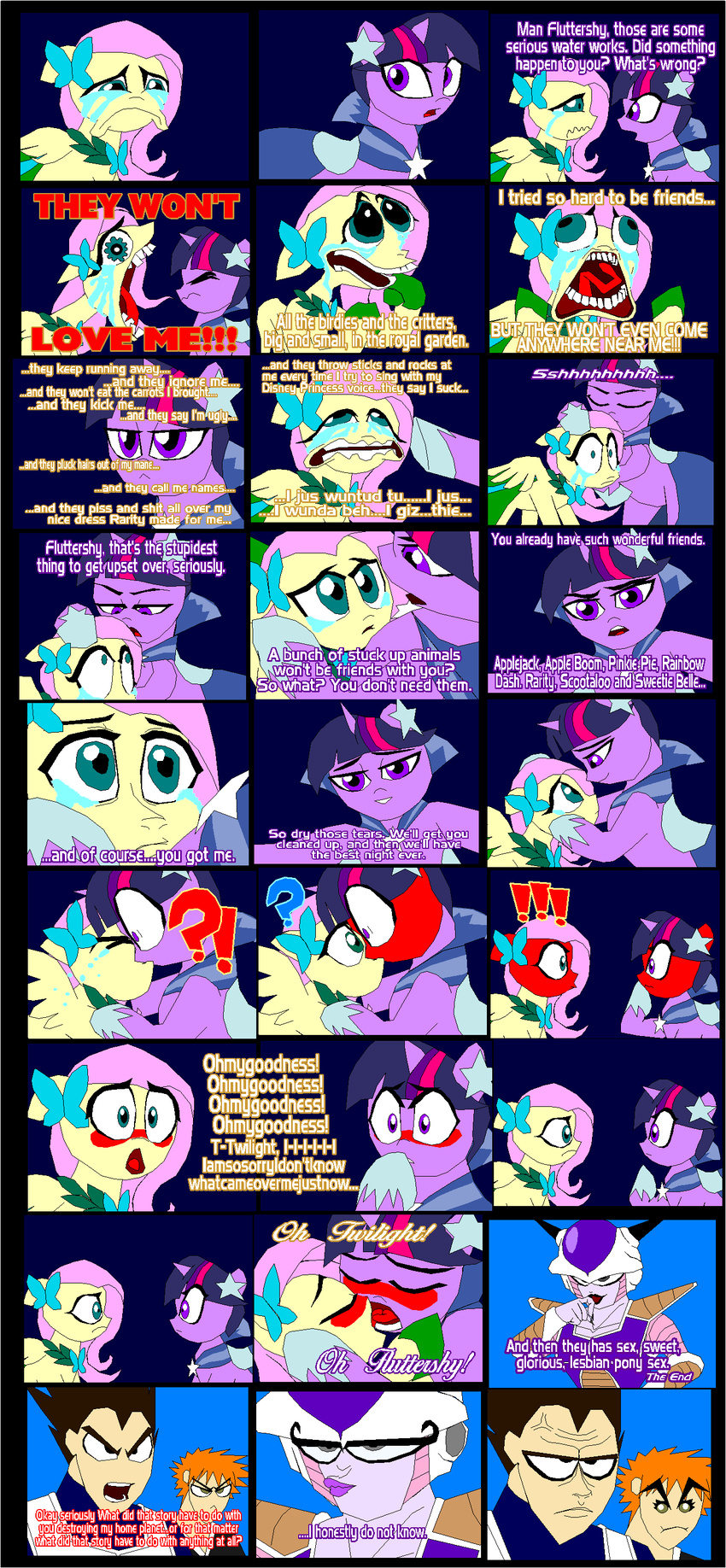 angry blue_eyes crying equine eyes female feral fluttershy_(mlp) friendship_is_magic fur hair hi_res horn horse ichigo_kurosaki kissing lesbian male mammal my_little_pony pegasus pink_hair pony purple_fur purple_hair tears text twilight_sparkle_(mlp) tyrranux unicorn vegeta wings yellow_fur