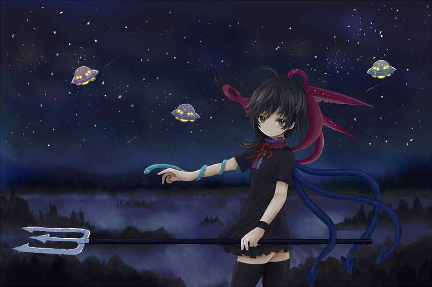 ahoge asymmetrical_wings bad_id bad_pixiv_id black_hair brown_eyes dress fog forest high_collar houjuu_nue kioa_(yamabuki-yellow) light_smile looking_at_viewer nature night outdoors outstretched_arm polearm ribbon shooting_star short_hair sky snake solo star_(sky) starry_sky thighhighs touhou trident ufo weapon wings wristband zettai_ryouiki