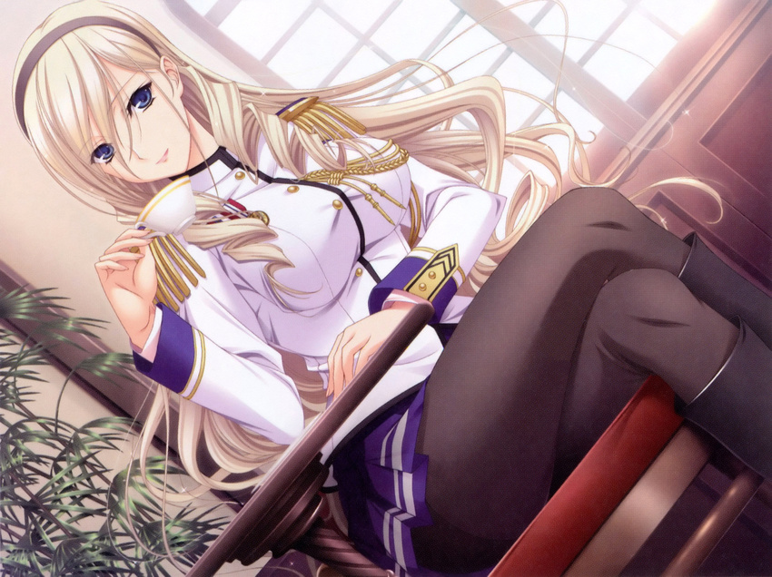 1girl absurdres blonde_hair blue_eyes boots breasts celia_kumani_entory cup day drill_hair game_cg hairband highres komori_kei large_breasts legs legs_crossed long_hair looking_at_viewer pantyhose school_uniform sitting skirt smile solo sunlight table thighs walkure_romanze window