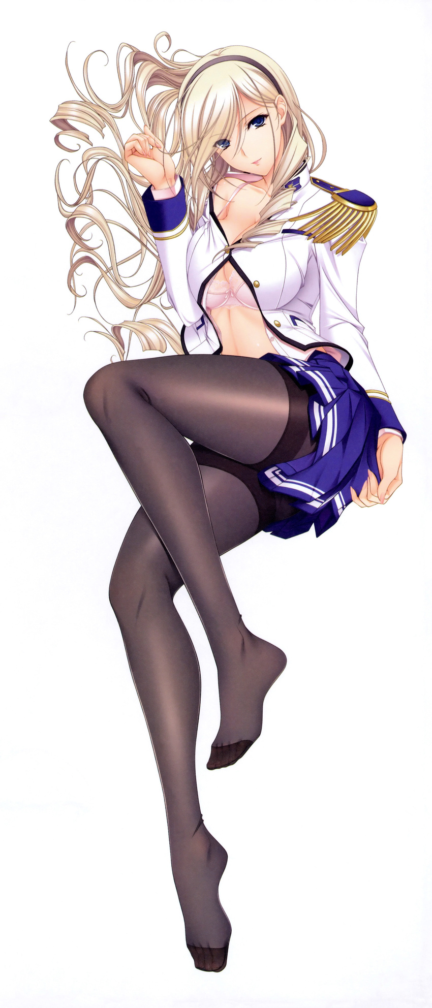 1girl absurdres blonde_hair blue_eyes bra breast_press breasts celia_kumani_entory cleavage drill_hair feet hairband highres komori_kei large_breasts legs lingerie long_hair looking_at_viewer lying open_clothes open_shirt pantyhose school_uniform shirt simple_background skirt smile solo thighs toes underwear very_long_hair walkure_romanze white_background
