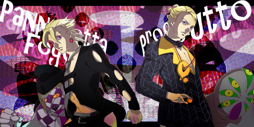 absurdres blonde_hair blue_eyes earrings formal highres jewelry jojo_no_kimyou_na_bouken multiple_boys necktie pannacotta_fugo prosciutto purple_eyes purple_haze_(stand) suit the_grateful_dead_(stand) white_hair yuusya27