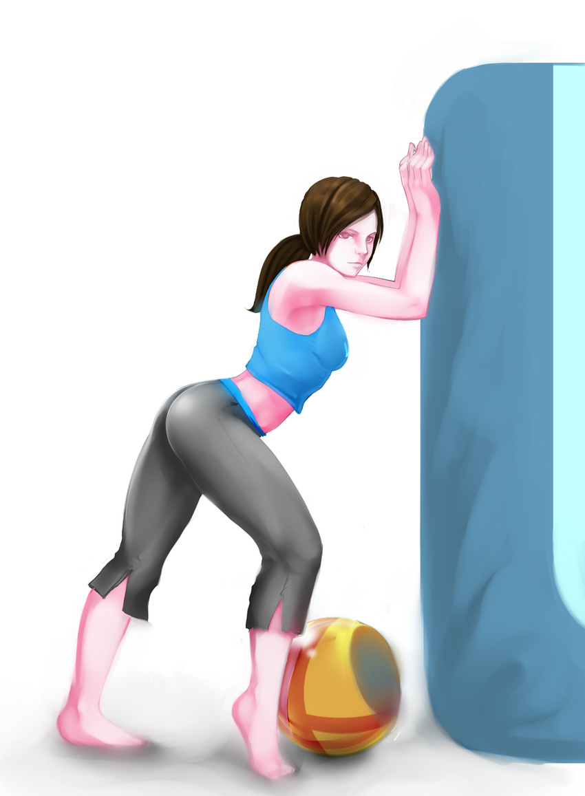 ass barefoot breasts brown_hair capri_pants full_body highres long_hair looking_at_viewer manganiac medium_breasts midriff pants pink_eyes ponytail smash_ball soft_focus solo spandex stretch super_smash_bros. tank_top wii_fit wii_fit_trainer