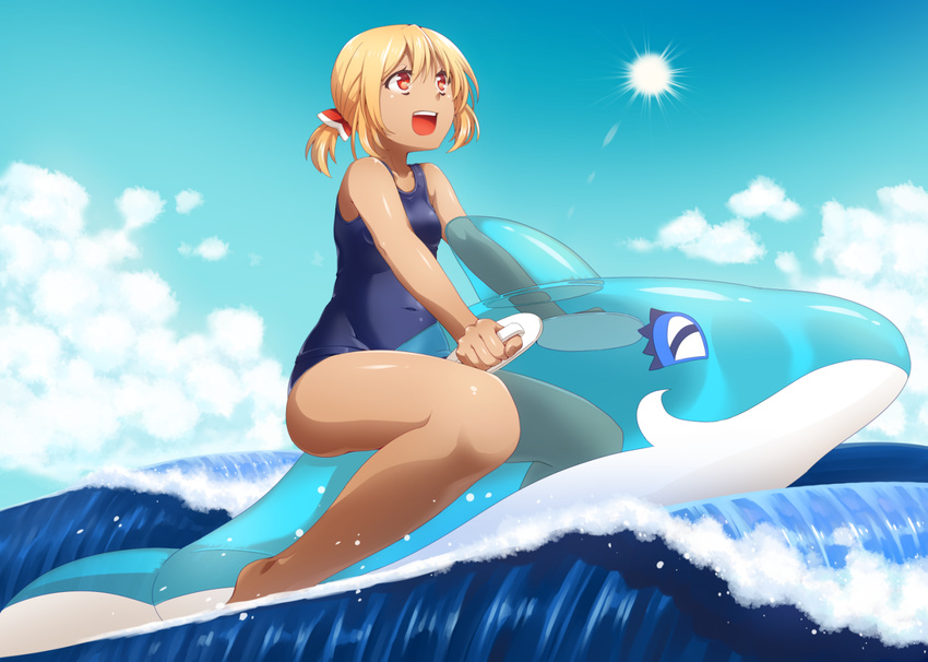 blonde_hair cloud covered_navel day hair_ribbon one-piece_swimsuit open_mouth ponytail red_eyes ribbon rumia school_swimsuit shirane_koitsu short_hair smile solo sun surfing swimsuit tan touhou water waves
