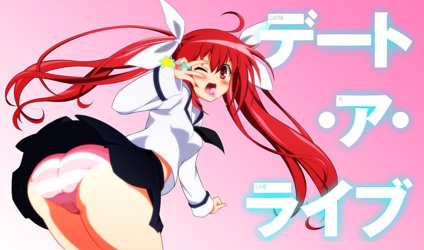ahoge blush candy date_a_live food itsuka_kotori lollipop long_hair long_sleeves one_eye_closed open_mouth panties red_eyes red_hair school_uniform shintarou_(multi0319) solo star striped striped_panties tongue twintails underwear v very_long_hair wallpaper