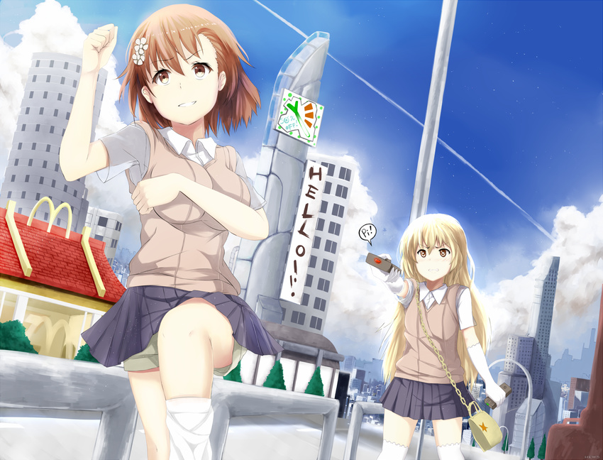 2girls alternate_breast_size bag blonde_hair breast_hold breast_size_switch breasts brown_eyes brown_hair building chain city clenched_teeth cloud commentary controller dutch_angle elbow_gloves english fleeing gloves grin handbag hews_hack highres impossible_clothes large_breasts long_hair mcdonald's misaka_mikoto multiple_girls pleated_skirt remote_control school_uniform shokuhou_misaki short_hair short_sleeves shorts shorts_under_skirt skirt sky skyline skyscraper smile spring_onion star_(sky) starry_sky sweater_vest symbol-shaped_pupils teeth thighhighs to_aru_kagaku_no_railgun to_aru_majutsu_no_index white_gloves white_legwear yellow_eyes zettai_ryouiki