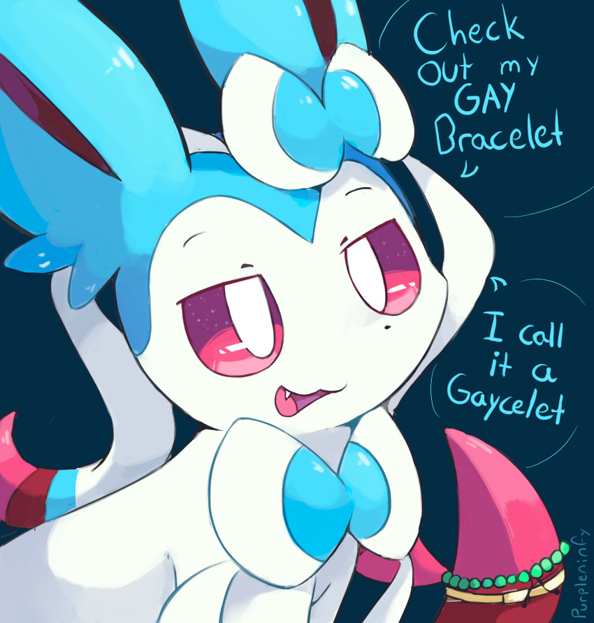 artist_name bead_bracelet beads blue_background bow bracelet commentary english eye_reflection fang highres jewelry no_humans pokemon pokemon_(creature) prehensile_ribbon purpleninfy red_eyes red_sclera reflection ribbon shiny_pokemon simple_background sky speech_bubble star_(sky) starry_sky sylveon