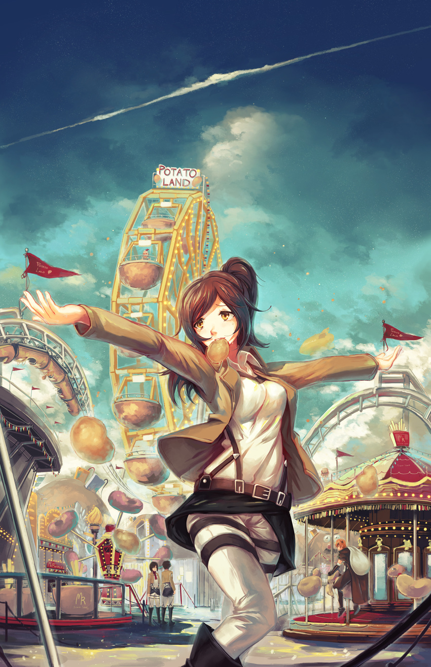 2girls amusement_park belt black_hair boots brown_eyes brown_hair carnival carousel cloud eren_yeager ferris_wheel fire_emblem fire_emblem:_kakusei food food_in_mouth gaia_(fire_emblem) highres jacket mikasa_ackerman mouth_hold multiple_boys multiple_girls outstretched_arms paradis_military_uniform ponytail potato roller_coaster saimon_ma sasha_braus scarf shingeki_no_kyojin short_hair sky spinning_teacup spread_arms star_(sky) starry_sky tears thigh_strap trait_connection when_you_see_it yellow_eyes