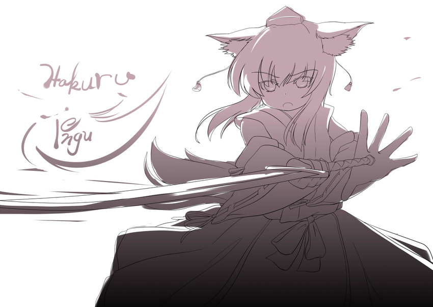 animal_ears bare_shoulders detached_sleeves hat inubashiri_momiji japanese_clothes looking_at_viewer monochrome short_hair simple_background solo swinging sword tail tokin_hat touhou tsubasa_(abchipika) weapon white_background wide_sleeves wolf_ears wolf_tail