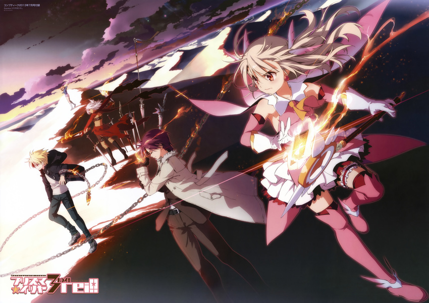 4girls absurdres ankle_wings bazett_fraga_mcremitz boots chain child_gilgamesh chloe_von_einzbern dark_skin desert detached_sleeves dutch_angle elbow_gloves enkidu_(weapon) fate/kaleid_liner_prisma_illya fate_(series) feathers full_body gilgamesh gloves hair_feathers highres hiroyama_hiroshi holding holding_wand illyasviel_von_einzbern kaleidostick kanshou_&amp;_bakuya knee_boots long_hair magical_girl multiple_girls official_art pink_footwear platinum_blonde_hair prisma_illya sand scan short_sword silver_hair sword tanaka_(fate/kaleid_liner) thigh_boots thighhighs wand weapon