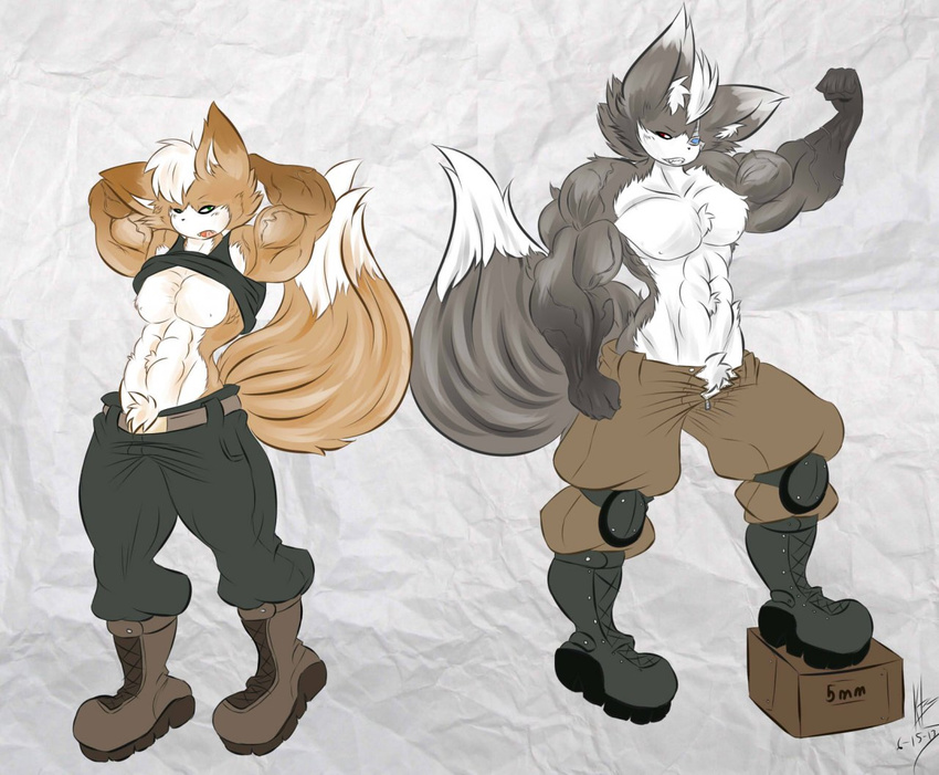 anthro arms_behind_head belt biceps boots brown_fur canine chest_tuft clothing dullvivid fangs flexing footwear fox fox_mccloud fur green_eyes grey_fur hair knee_pads looking_at_viewer male mammal muscles navel nintendo nipples pants pecs pose pubes red_eyes shirt shirt_lift standing star_fox tank_top teeth toned topless tuft vein video_games white_fur white_hair wolf wolf_o'donnell wolf_o'donnell