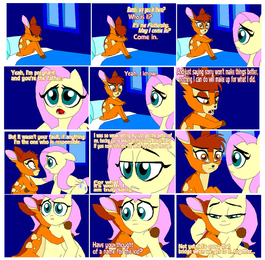bambi bed brown_eyes brown_fur cervine crossover cutie_mark deer dialog disney duo english_text equine eyes female feral fluttershy_(mlp) friendship_is_magic fur green_eyes hair horse hug inside male mammal my_little_pony pegasus pink_hair pony sitting smile text tyrranux wings yellow_fur