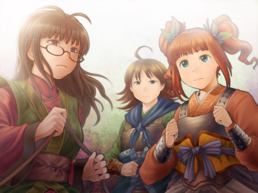 ahoge akizuki_ritsuko alternate_costume alternate_hairstyle antenna_hair awakened_miki breastplate brown_eyes brown_hair chiaki_rakutarou glasses green_eyes hair_down hoshii_miki idolmaster idolmaster_(classic) long_hair multiple_girls rope short_hair takatsuki_yayoi twintails