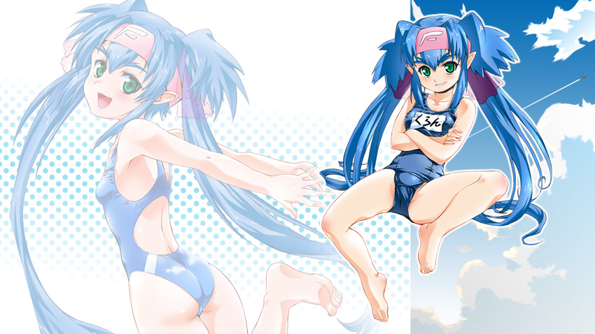 armpits arms_behind_back ass back barefoot blue_hair blush child competition_swimsuit crossed_arms eyebrows feet flat_chest from_behind green_eyes happy head_tilt headband highres klan_klein leg_lift long_hair looking_back macross macross_frontier maira_gen meltrandi multiple_views one-piece_swimsuit pointy_ears quad_tails school_swimsuit short_twintails smile soles splashing spread_legs swimsuit twintails very_long_hair wallpaper water zentradi zoom_layer