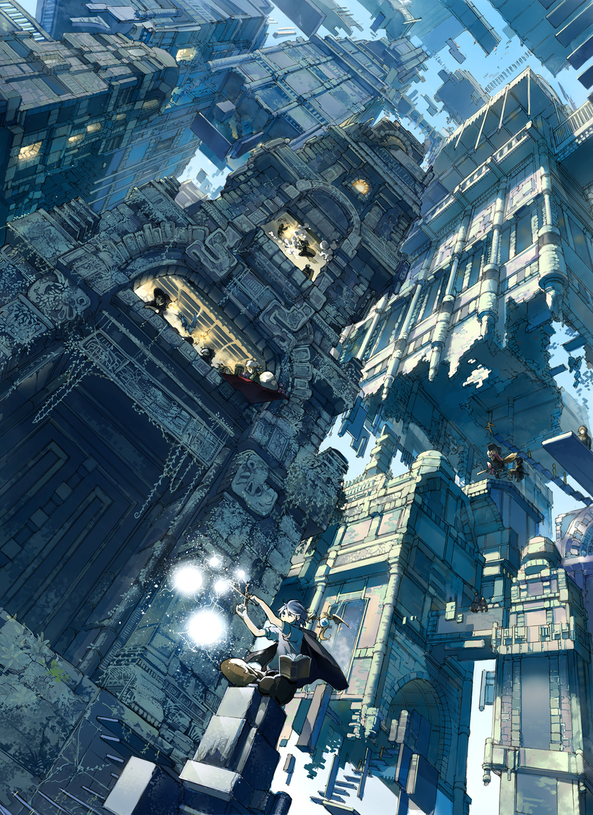 broom broom_riding cape cityscape dutch_angle fantasy floating_city grimoire hat highres magic multiple_boys multiple_girls original overgrown ruins scenery sky stairs tami witch_hat