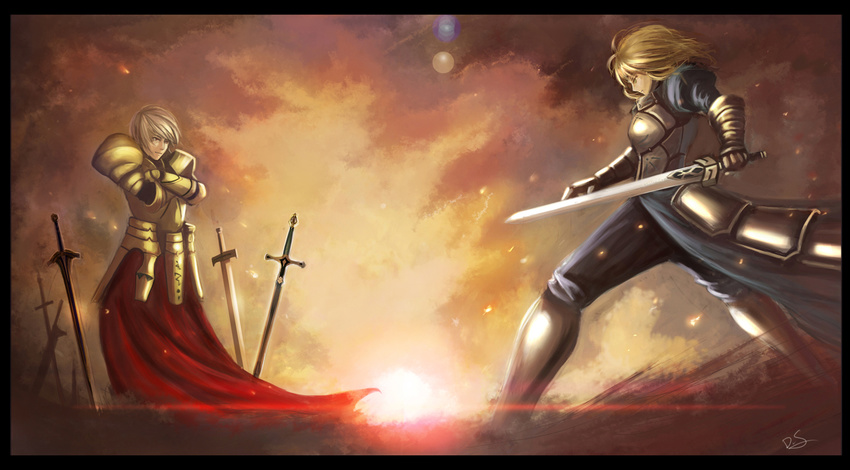 1girl armor armored_dress artoria_pendragon_(all) bad_id bad_pixiv_id blonde_hair d.sum excalibur fate/stay_night fate/zero fate_(series) gilgamesh pants planted_sword planted_weapon saber sword weapon
