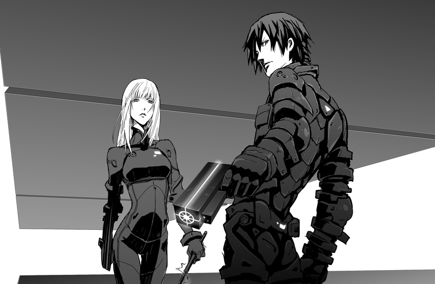 1girl arched_back armor baton blame! bodysuit cibo cyberpunk from_behind graviton_beam_emitter greyscale gun highres killy long_hair looking_at_viewer looking_back monochrome perspective scar science_fiction short_hair thigh_gap velzhe weapon