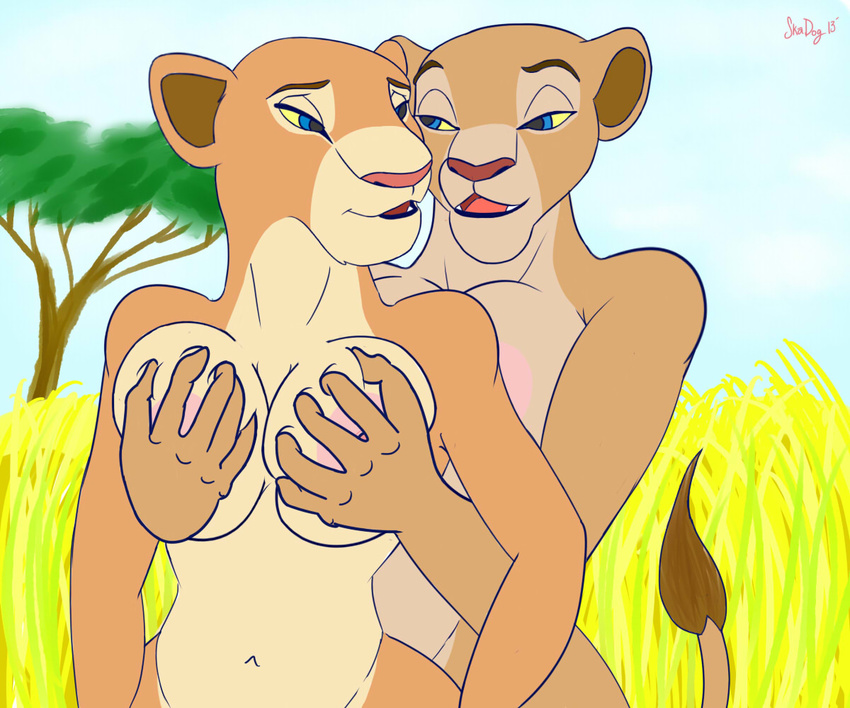 big_breasts blue_eyes breasts disney duo feline female grope lesbian lion mammal nala outside sarafina skadog the_lion_king