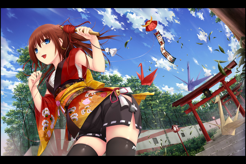 :d bandages black_legwear blue_eyes brown_hair cloud day from_below hair_ornament japanese_clothes kite kopianget lolita_fashion long_hair looking_at_viewer open_mouth original sarashi sky smile solo thighhighs torii translation_request wa_lolita wind zettai_ryouiki