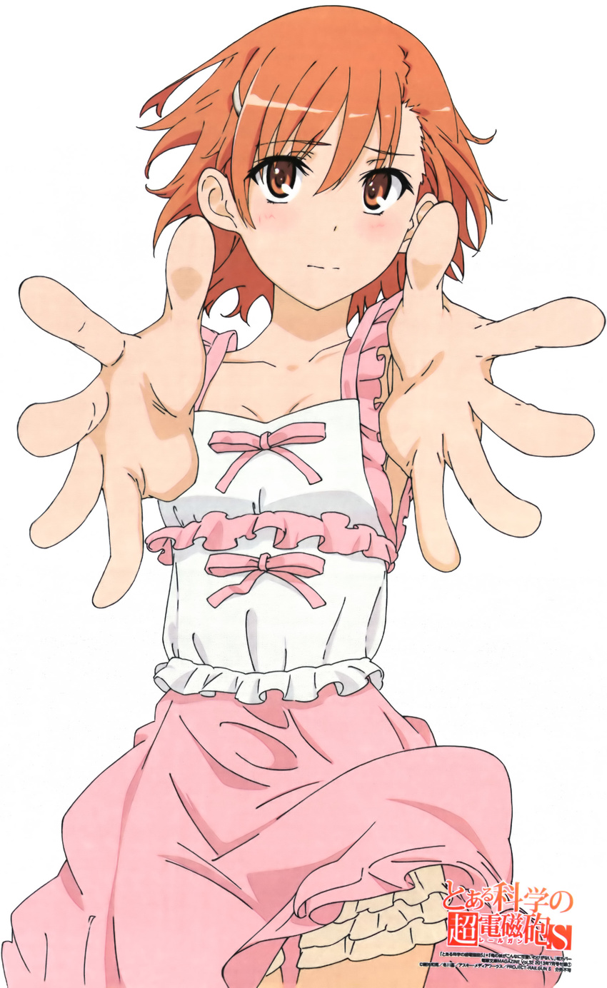absurdres artist_request bloomers blush brown_eyes brown_hair collarbone frills highres looking_at_viewer misaka_mikoto official_art outstretched_arms short_hair simple_background solo spread_fingers tareme to_aru_kagaku_no_railgun to_aru_majutsu_no_index underwear upskirt white_background