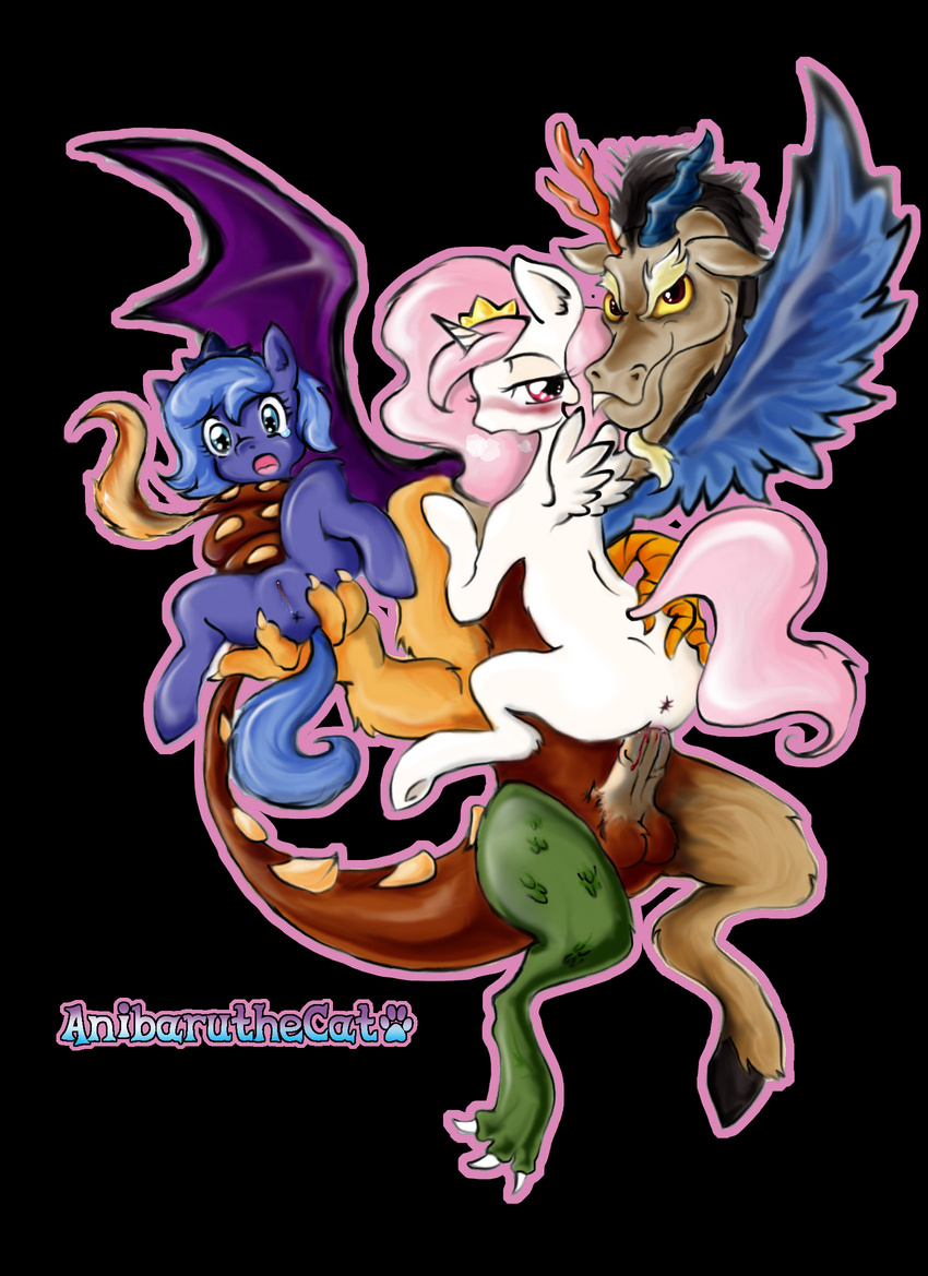 anibaruthecat antler antlers balls black_background blood blue_fur blush cutie_mark deflowering discord_(mlp) draconequus english_text equine female feral friendship_is_magic fur group hair horn horse interspecies male mammal my_little_pony panting penetration penis pink_hair plain_background pony princess princess_celestia_(mlp) princess_luna_(mlp) purple_eyes pussy red_eyes royalty semi_incest sex straight text vaginal vaginal_penetration virgin white_fur winged_unicorn wings