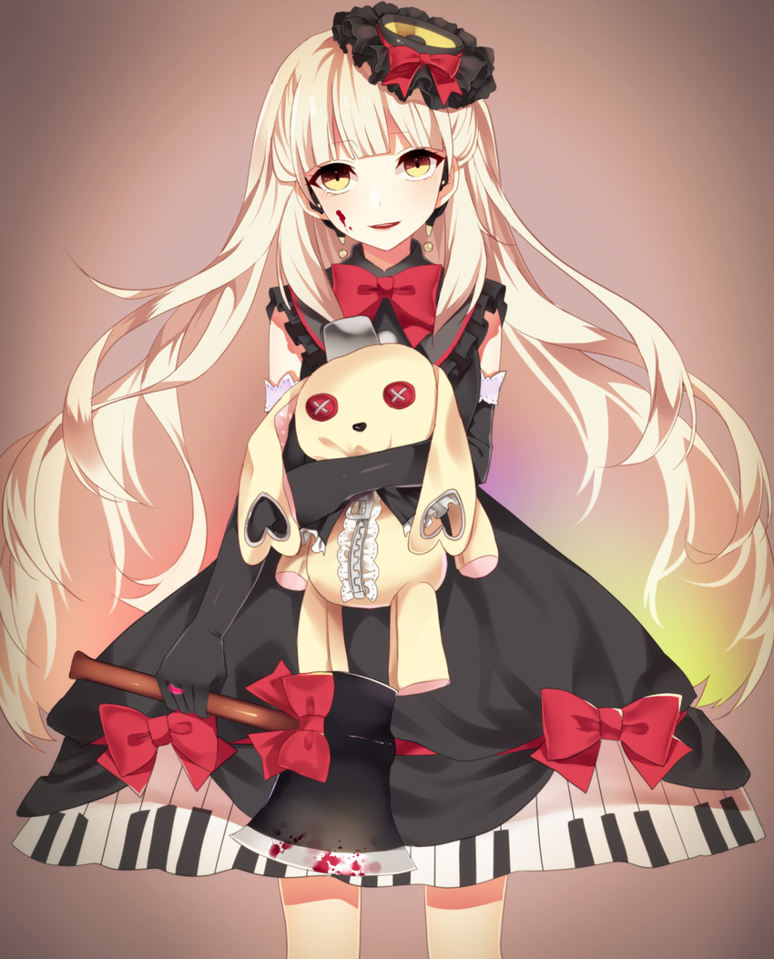 axe bad_id bad_pixiv_id blonde_hair blood blood_on_face bow bunny elbow_gloves gloves hat heart highres long_hair mayu_(vocaloid) open_mouth piano_print shikimori_(komsaupp) sleeveless solo stuffed_animal stuffed_bunny stuffed_toy usano_mimi very_long_hair vocaloid weapon yellow_eyes