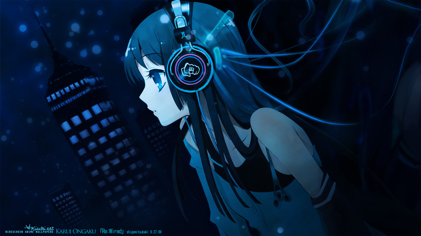 akiyama_mio asymmetrical_sleeves bangs bare_shoulders blue blue_eyes building cable dated detached_sleeves dutch_angle eyebrows_visible_through_hair eyelashes flat_chest from_side headphones highres itou_noiji k-on! lips long_hair long_sleeves looking_away off_shoulder profile sidelocks single_sleeve solo straight_hair third-party_edit undershirt upper_body wallpaper