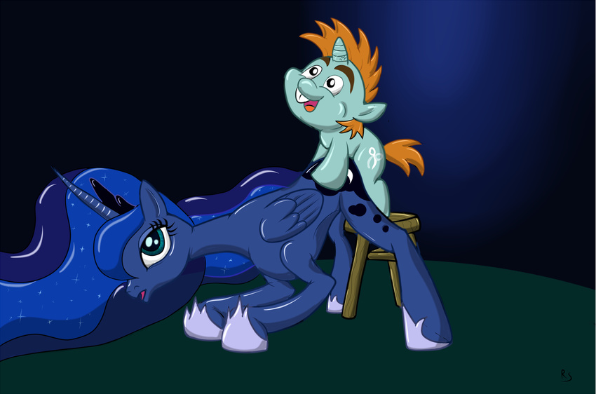 blue_eyes blue_fur brown_hair buckteeth chair cub cutie_mark duo equine female feral friendship_is_magic fur green_eyes green_fur hair horn horse male mammal my_little_pony night open_mouth penetration pony princess_luna_(mlp) ragingsemi sex snips_(mlp) straight unicorn winged_unicorn wings young