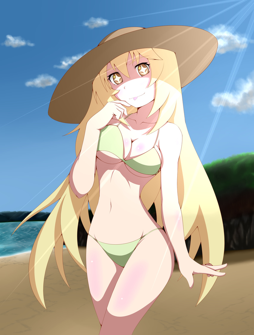 1girl :p absurdres adjusting_hair beach bikini blonde_hair breasts cleavage cloud curvy day green_bikini hat highres long_hair looking_at_viewer medium_breasts meteo-impact navel ocean outdoors shokuhou_misaki solo sun_hat sunlight swimsuit symbol-shaped_pupils to_aru_kagaku_no_railgun to_aru_majutsu_no_index tongue tongue_out yellow_eyes