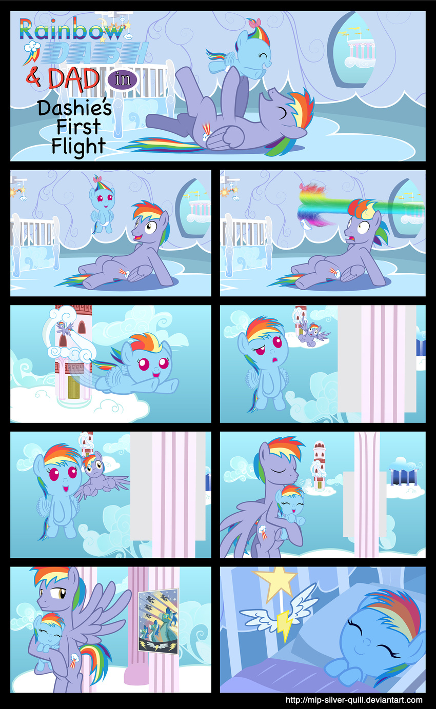 2013 bow cloud cloudsdale column comic crib cutie_mark equine eyes_closed father_and_daughter female feral friendship_is_magic hair horse house lying male mammal mlp-silver-quill multi-colored_hair my_little_pony pegasus pony poster rainbow_dad rainbow_dash_(mlp) rainbow_hair sleeping wings wonderbolts_(mlp) yellow_eyes