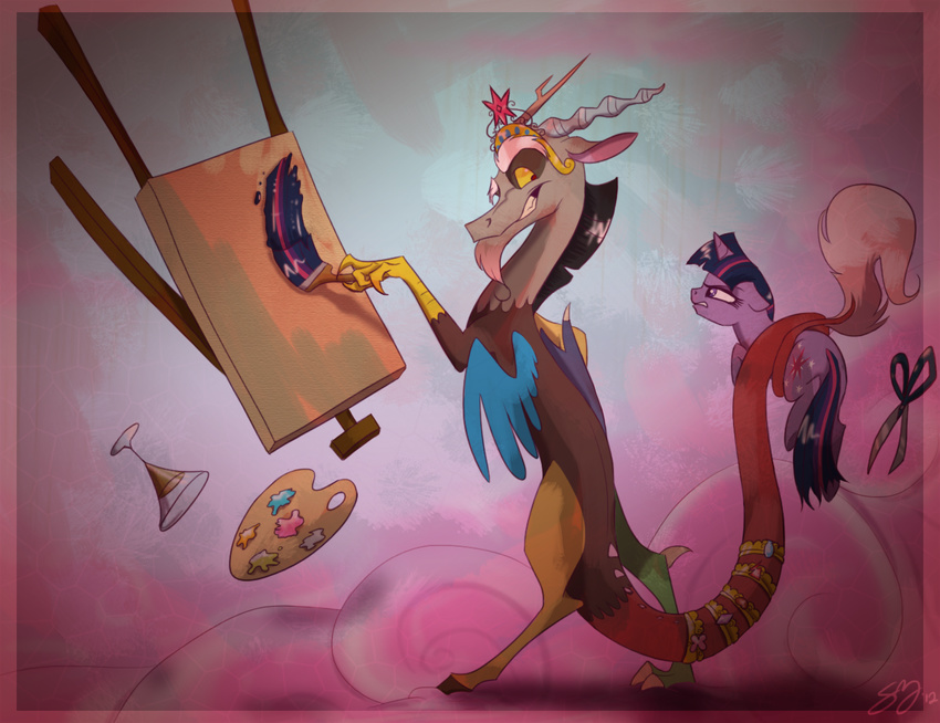antler antlers artist brush canvas creating_art crown discord_(mlp) draconequus duo easel equine famosity female friendship_is_magic glass gold hair horn horse male mammal multi-colored_hair my_little_pony necklace paint palette pony purple_eyes purple_hair red_eyes scissors signature twilight_sparkle_(mlp) unicorn wings