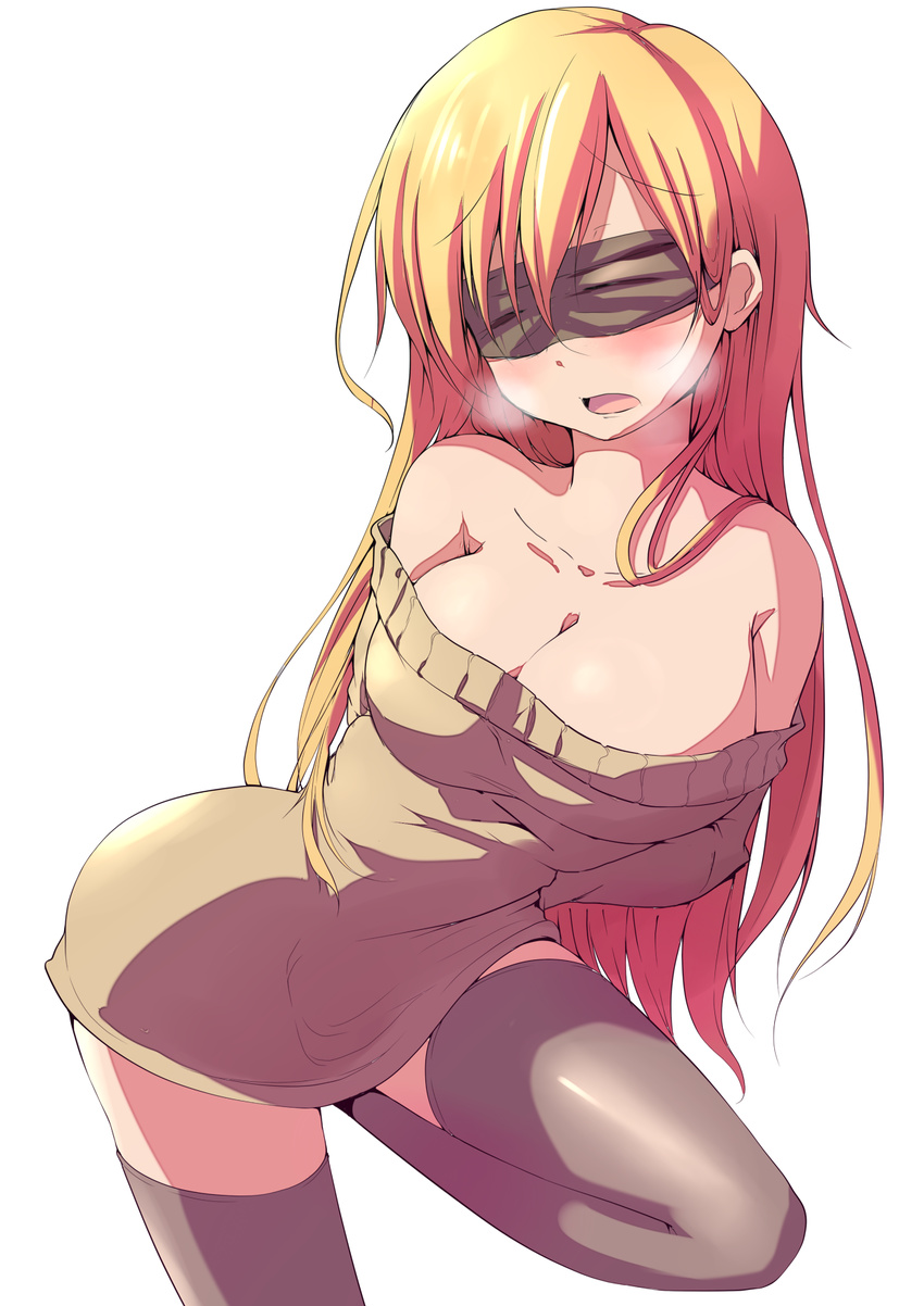 arms_behind_back bare_shoulders black_legwear blindfold blonde_hair blush breasts cleavage collarbone facing_viewer heavy_breathing highres kuromu_(underporno) large_breasts long_hair off-shoulder_sweater off_shoulder open_mouth original simple_background solo sweater thighhighs white_background