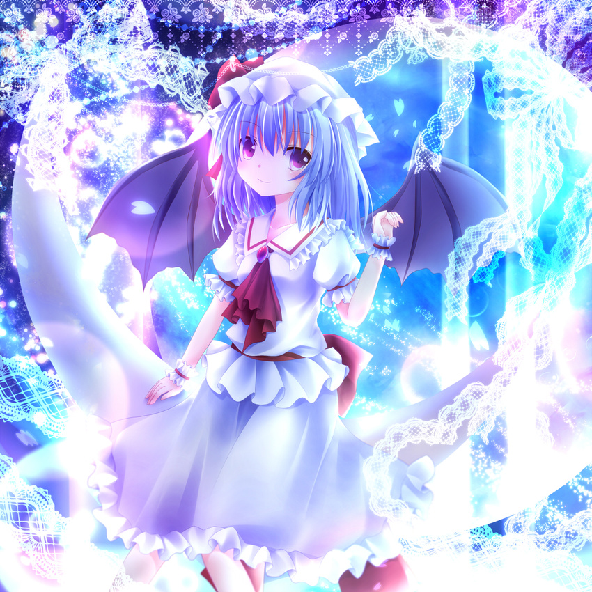 bat_wings blue_hair crescent dress frills furomaaju_(fromage) hat hat_ribbon laces puffy_sleeves purple_eyes remilia_scarlet ribbon short_hair short_sleeves sitting skirt solo touhou wings
