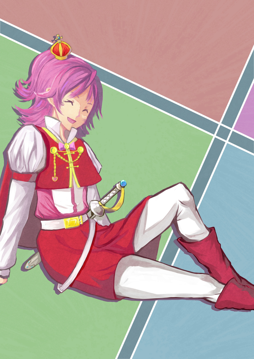 :d ^_^ absurdres aida_mana cape closed_eyes crown cure_m dokidoki!_precure half_updo highres mini_crown open_mouth pantyhose pink_hair precure prince short_hair sitting smile solo sword weapon