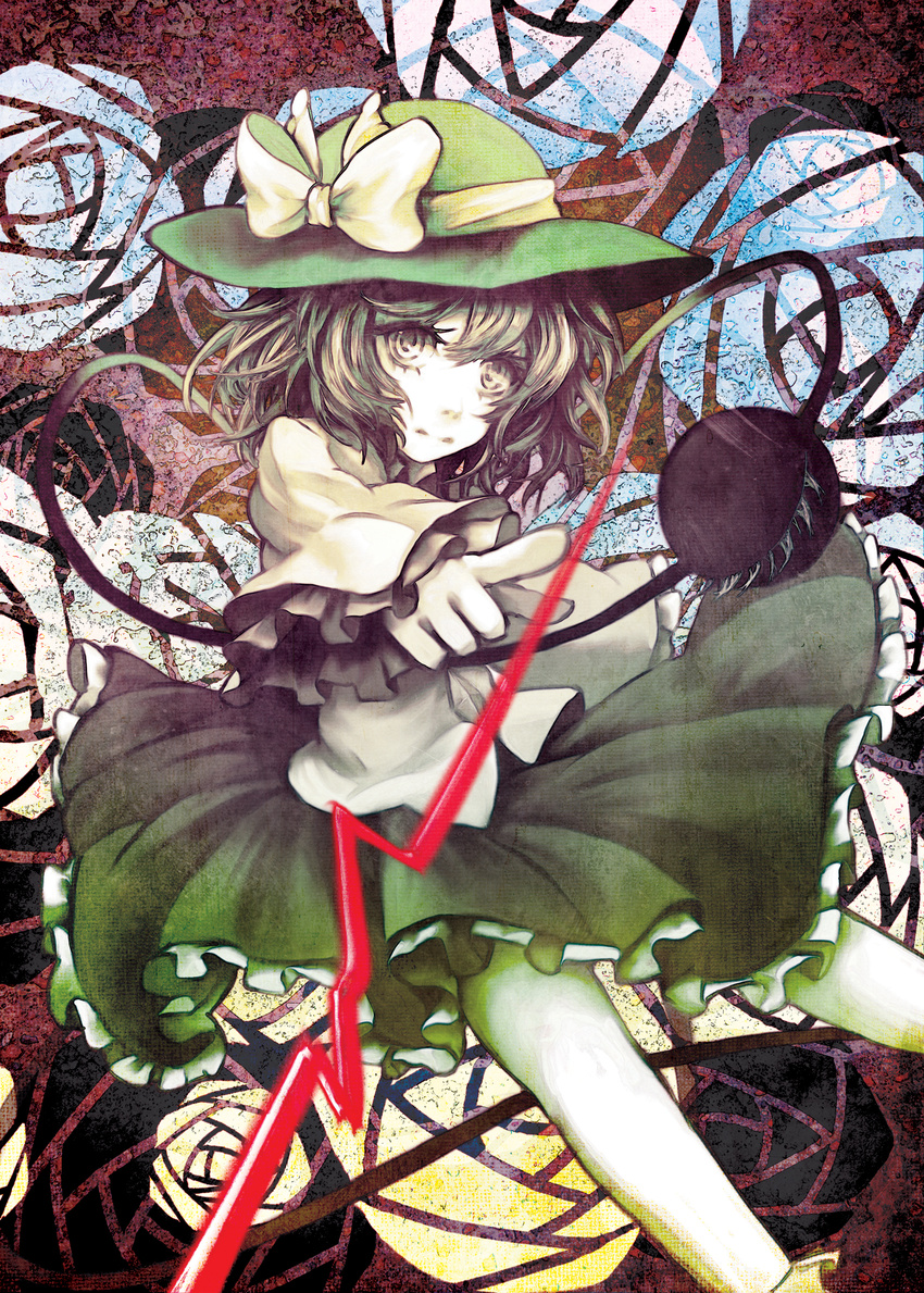 eruza flower grey_eyes hat hat_ribbon highres komeiji_koishi long_sleeves looking_at_viewer outstretched_arm outstretched_hand ribbon rose shirt silver_hair skirt solo third_eye touhou wide_sleeves