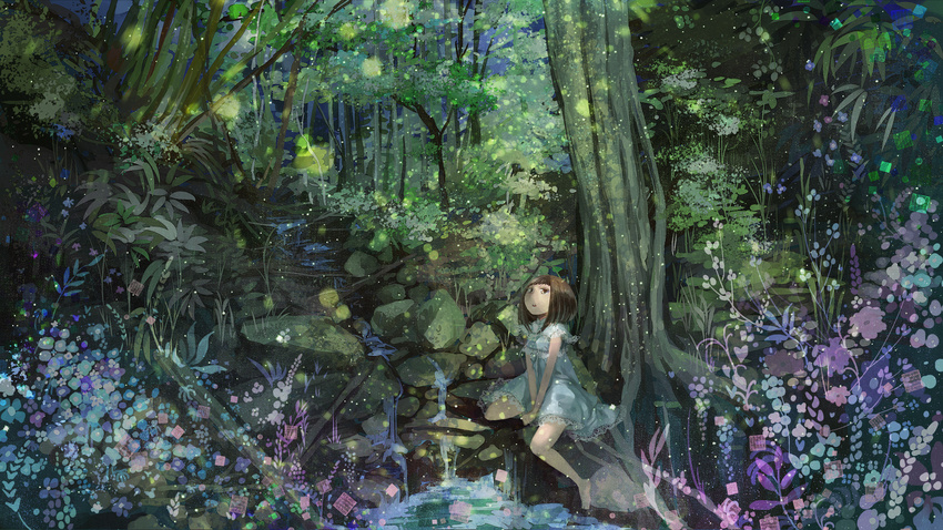 :o blue_dress bow brown_eyes brown_hair bush dress fireflies flower forest highres looking_at_viewer nature open_mouth original outdoors plant pond river rock scenery short_hair short_sleeves sitting tree water waterfall wide_shot yukiko_(tesseract)